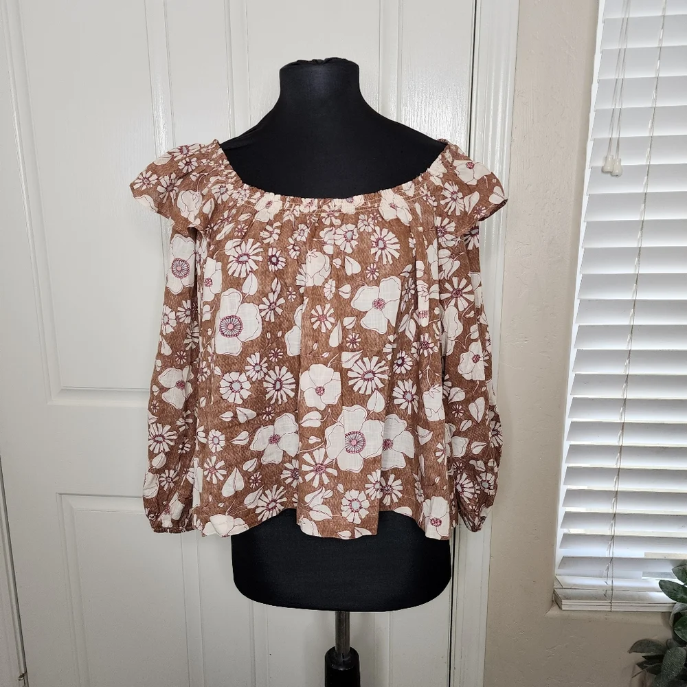 Free People Miss Daisy Top Vintage Combo Print Puff Sleeves | Small | EUC